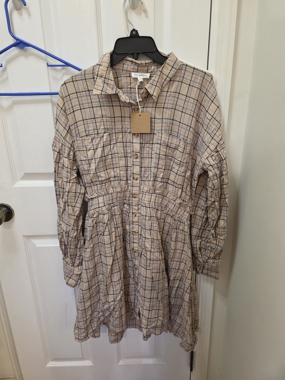 Blu Pepper Beige Plaid Long Sleeve Shirt Dress